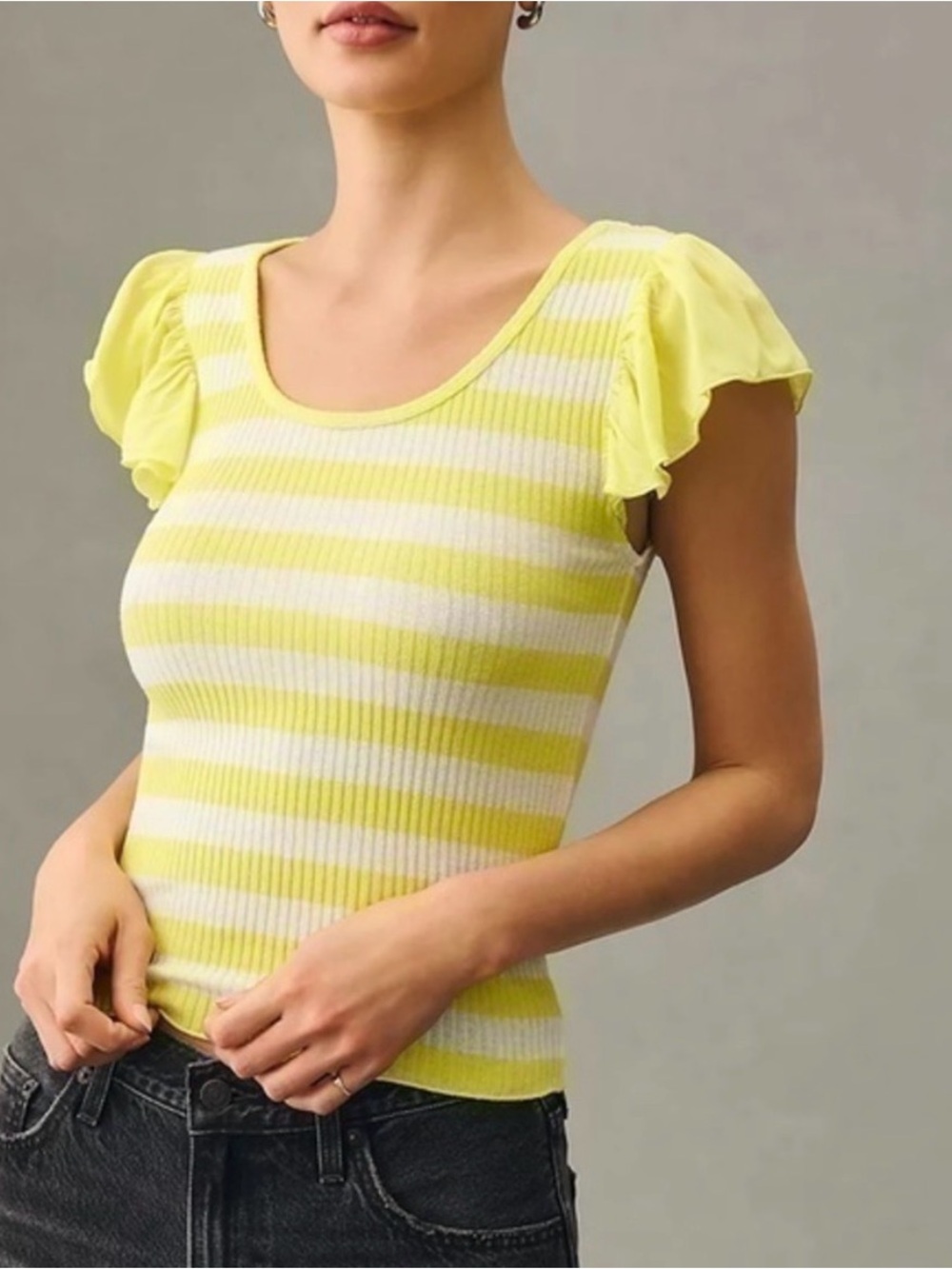 T.La Anthropologie Yellow and White Striped Ruffle Sleeve Scoop Top